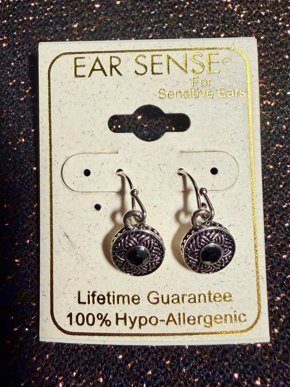 Ear Sense Silver Tone Dangle/Drop Hook Earrings Black Stone Metal Hypoallergenic